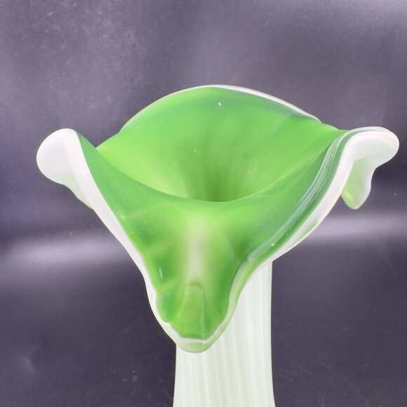 1970s Frosted Green Leaf Shaped Top Glass Vase Vessel Jack In The Pulpit Vintage - Picture 7 of 16